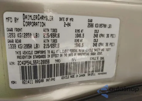 2005 Chrysler Town & Country Touring z USA, uszkodzony, nr VIN 2C4GP54L55R128856